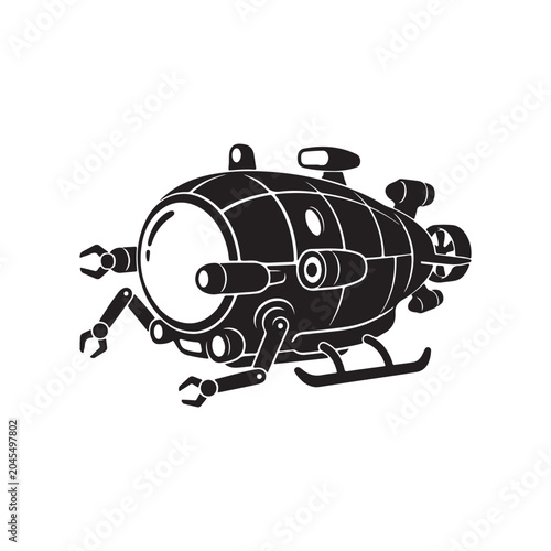 Black silhouette icon of a scientific research submersible vehicle with mechanical arms