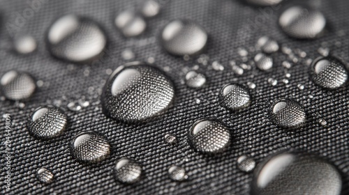 Hydrophobic treatment surface effect water droplets beading on treated fabric textile demonstrating water repellency spherical shapes on woven fibers macro photography