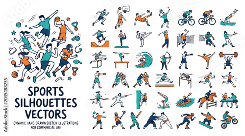 Dynamic sports silhouettes vectors, hand drawn sketch illustrations of athletes, collection of active people icons for fitness and competition