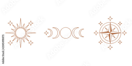 Copper line sun moon phases compass stars in white background