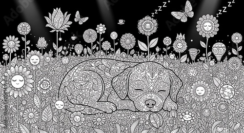 Sleeping puppy in a mandala flower garden coloring page