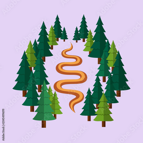 Winding River Through Evergreen Forest Landscape Illustration