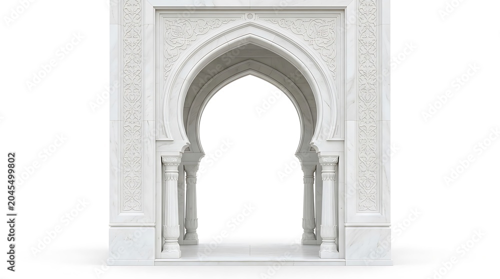 Fototapeta premium Ornate White Marble Islamic Arch Isolated on White Background