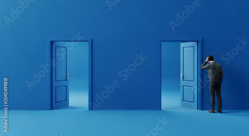 Man standing by open blue doors in blue room