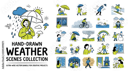 Foto Hand-drawn weather scenes collection, seasonal climate icons vector bundle, dive
