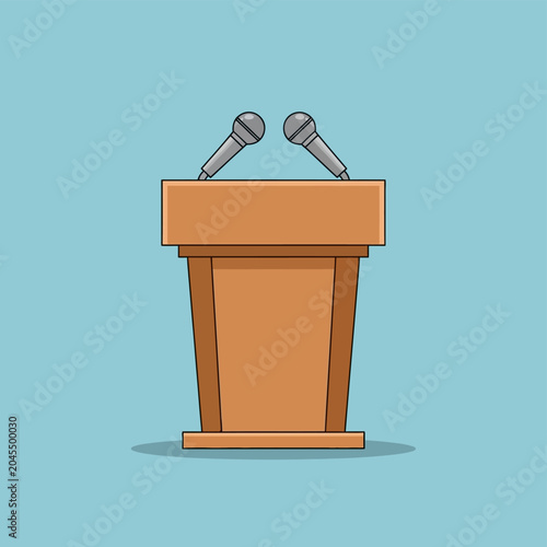 Wooden podium with two microphones, presentation, speech, conference