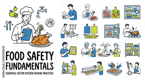 Fotografie Food safety fundamentals vector set, essential kitchen hygiene practices and res