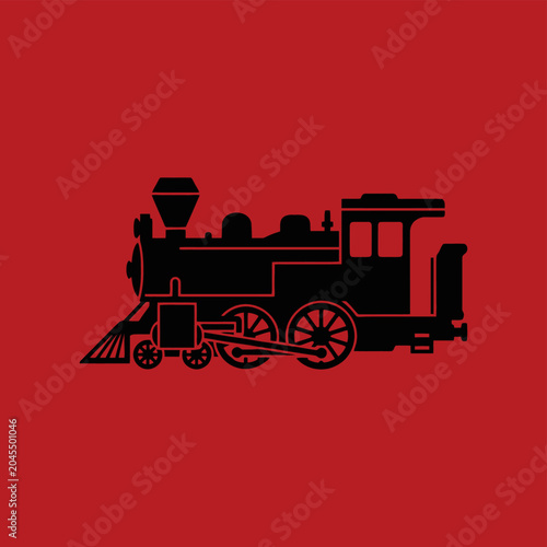 Vintage Steam Locomotive Silhouette on Red Background