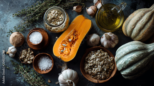 flat lay pumpkin soup ingredients, moody food photography
