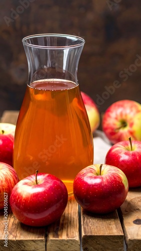 A tall glass pitcher filled with golden liquid, surrounded by vibrant red apples on a wooden surface