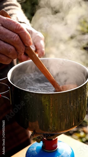 Person stirring hot food in pot on camping stove outdoors