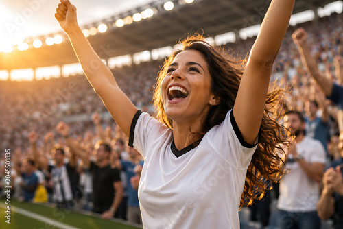 Excited Woman Cheering at Soccer Match