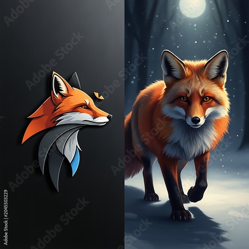 Orange fox mascot logo and realistic animal illustration in snow