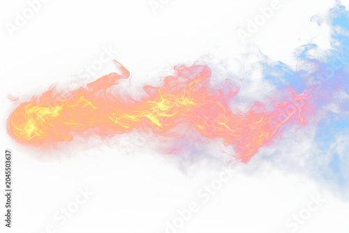Fiery red-orange flame transitions into cooler, ethereal blue smoke against a grayscale, abstract backdrop