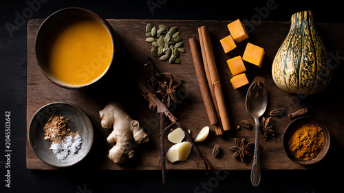 flat lay pumpkin soup ingredients, moody food photography