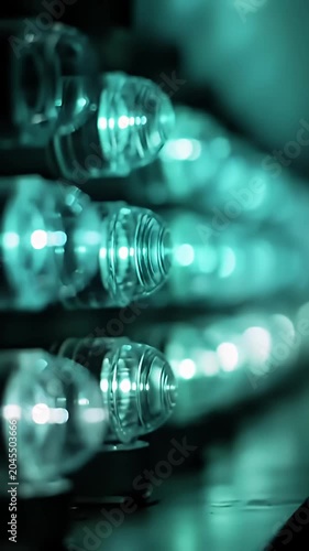 Row of glass electrical components with blue illumination.