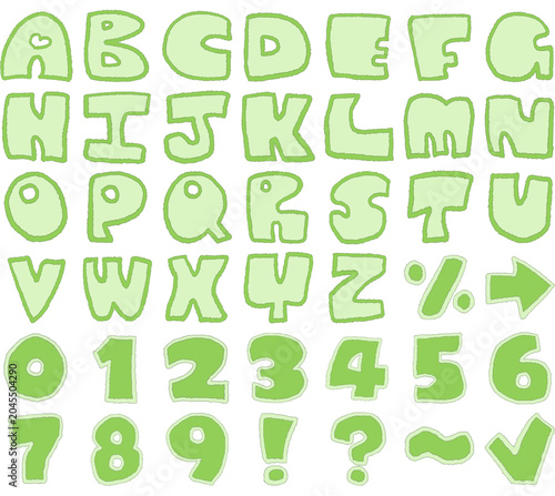 Konstfotografi Cute Hand writing Green Bubble Alphabet Font Cartoon Letters and Numbers