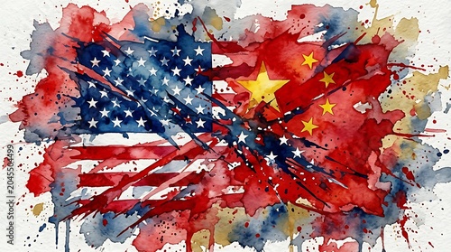 Vibrant American flag paint splatter art with dynamic red, white, and blue strokes on textured canvas