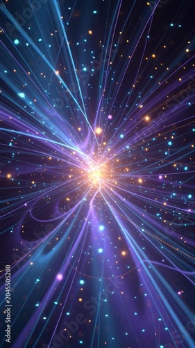 Abstract cosmic light burst with glowing particle energy neon line, star field nebula trail background in blue purple space scene for video