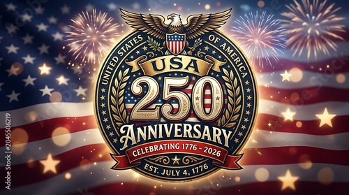 Celebratory USA 250th Anniversary Seal with Fireworks Over American Flag Background