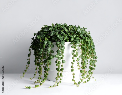 A trailing houseplant with tiny, round, textured leaves cascading over the side of a white, round planter. Against a simple, neutral backdrop
