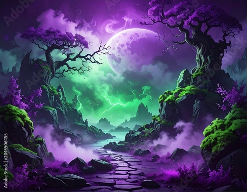 A surreal fantasy landscape with purple trees, emerald lightning, and a large, glowing purple moon illuminating a mystical pathway