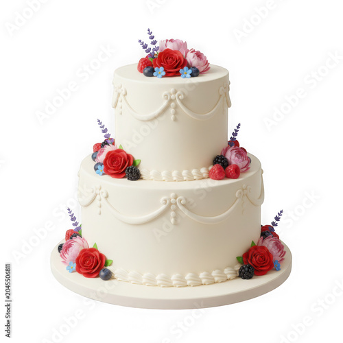 Elegant three-tier wedding cake with red roses and lavender isolated on transparent background