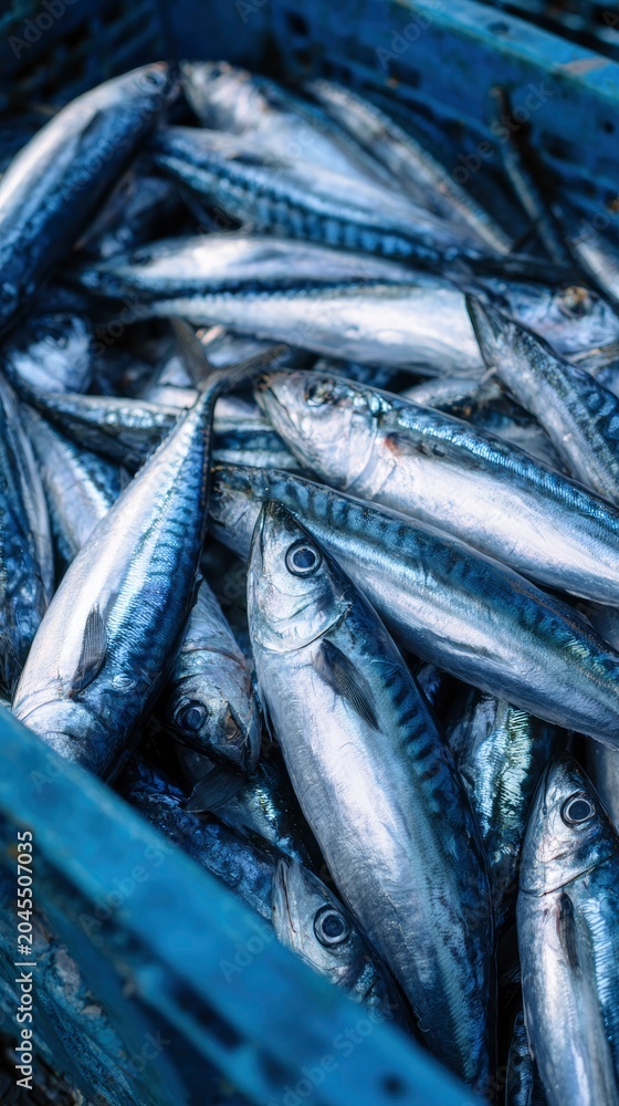 Fototapeta premium Fresh mackerel fish packed in a blue plastic crate at a local market in a macro shot for seafood industry and culinary marketing