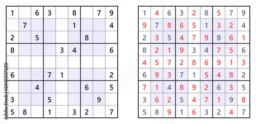 Foto Hyper Sudoku logic puzzle variant with shaded inner regions, unsolved and solved grids