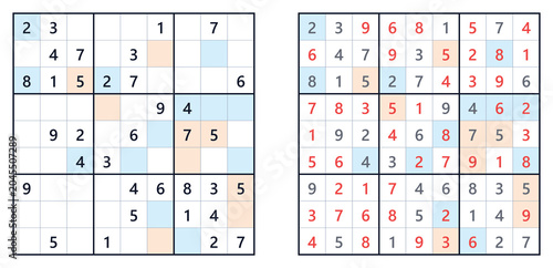 Photos Even-Odd Sudoku logic puzzle variant with blue and orange colored cells, unsolved and solved grids