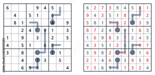Fotografia Thermo Sudoku logic puzzle variant showing unsolved grid and completed solution side by side