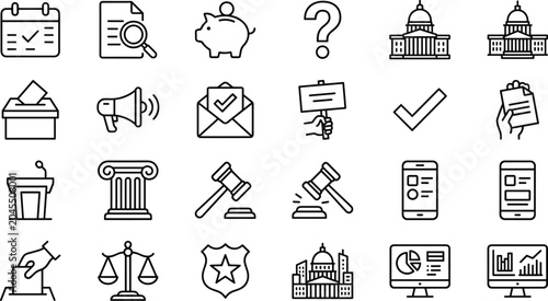 Obraz na płótnie Government and Politics Line Icon Collection with Election Justice Finance and P