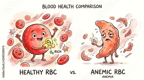 Illustrated comparison of healthy red blood cells versus anemic cells with iron deficiency anemia
