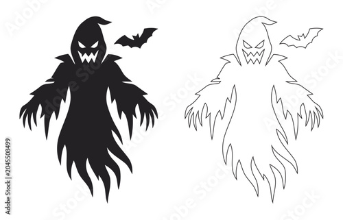 Quadro su tela Spooky Halloween Flying Grim Reaper Ghost With Bat Silhouette And Line Art Vecto