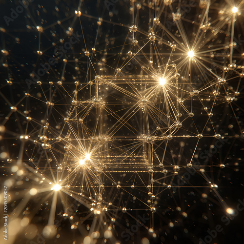 Golden abstract network with futuristic digital grid and glowing nodes. Luxury geometric connection lines, tech plexus background, molecular matrix structures and tribal metallic pattern design.