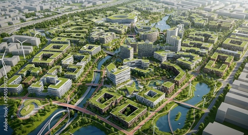 Green urban development with rooftop gardens and canals