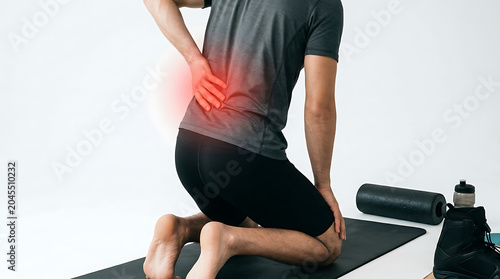 Lower back pain during exercise. Man experiencing lumbar muscle injury, workout discomfort. Health, fitness & physical therapy.