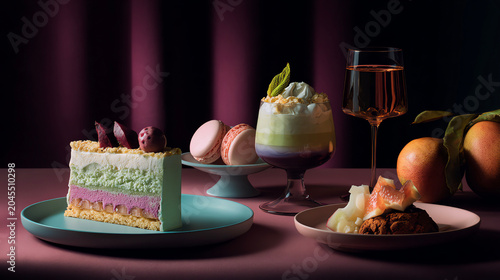 elegant desserts on colored background, moody still life