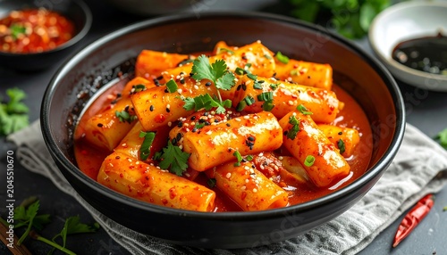 Tteokbokki, spicy Korean rice cakes, simmered in sauce, garnished with sesame seeds and cilantro, presented in black bowl