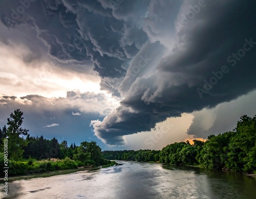Tumultuous storm clouds loom above a serene river, framed by lush green trees on both banks