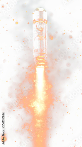 A metallic rocket ascends, leaving a bright fiery trail, amidst a speckled, nebulous backdrop