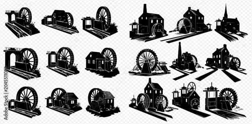 Fotografía Set of vintage watermills and sawmills silhouettes, old industrial buildings with water wheels, black and white vector illustration