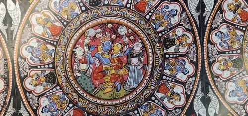 Intricate Traditional Mural Painting of Hindu Mythological Characters on the Ceiling of Vikram Kirti Mandir Museum in Ujjain