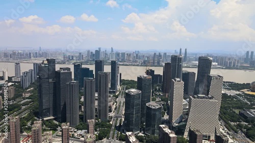 Aerial view of modern skyline and riverfront in Hangzhou China