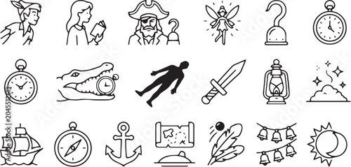 Tableau sur toile Peter Pan Fairytale Icon Set, Minimalist Vector Line Art, Neverland Characters a