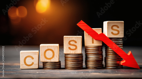 professional composition of COST wooden blocks placed stepwise on coin stacks with red downward trend arrow, representing decreasing expenses and smart financial management, warm lighting highlights 