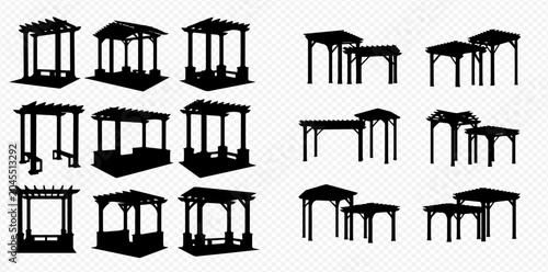 Bild auf Leinwand Set of black silhouettes of garden arbors and pergolas, isolated on transparent background