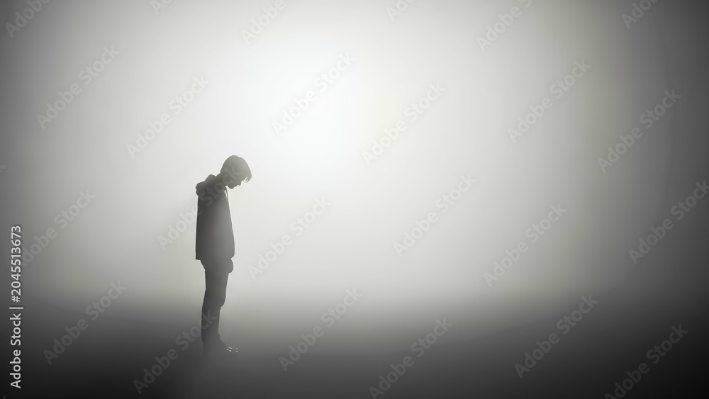 Fototapeta premium Solitary figure in a vast, ethereal fog, conveying a sense of isolation and introspection