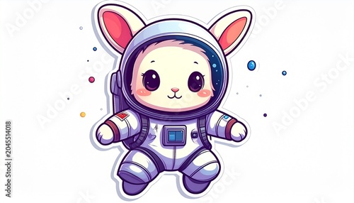 Cute bunny astronaut floats in space with planets nearby in a kawaii scene