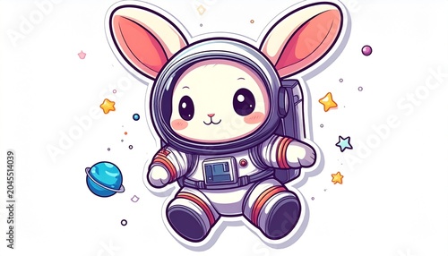 Cute bunny astronaut floats in space with tiny planets and stars around